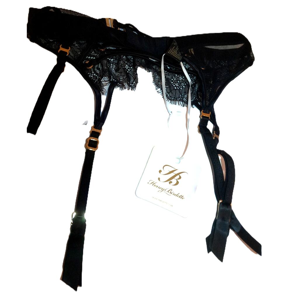 Honey Birdette Tessa Black Lace Strappy Garter Size XS